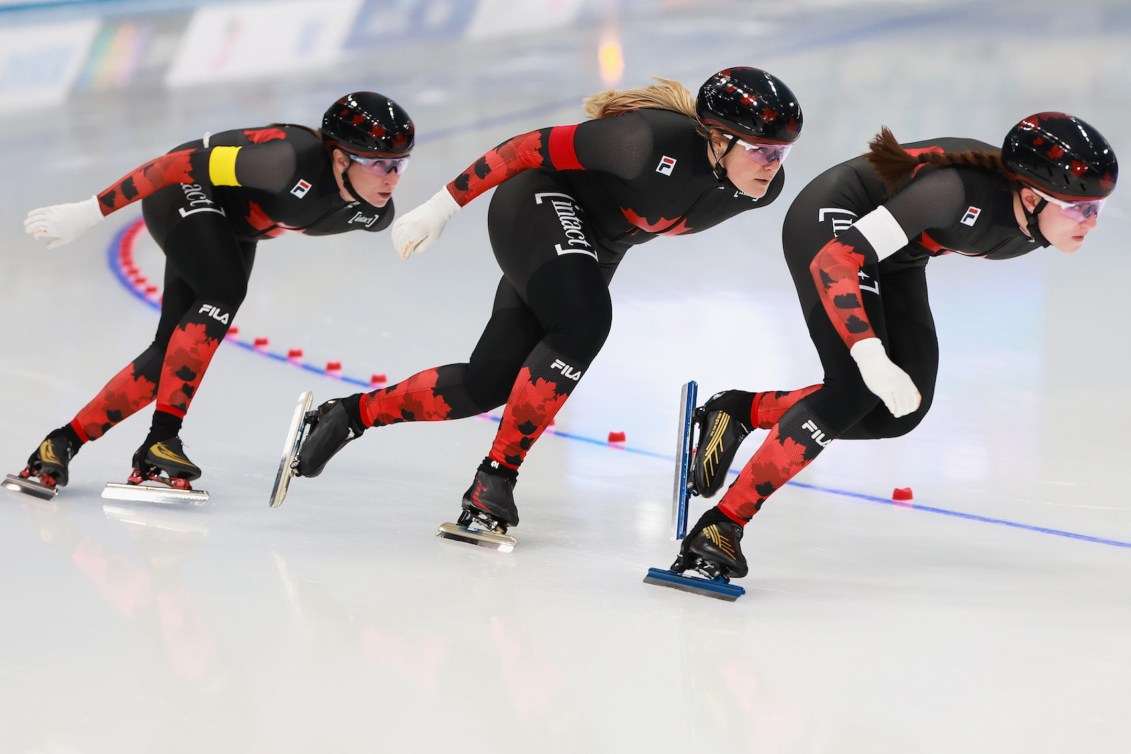 BEIJING, CHINA - NOVEMBER 19: Team of Canada competes in the Team Sprint Women Division A race on day three of the ISU World Cup Speed Skating at the National Speed Skating Oval on November 19, 2023 in Beijing, China. (Photo by Lintao Zhang - International Skating Union/International Skating Union via Getty Images)