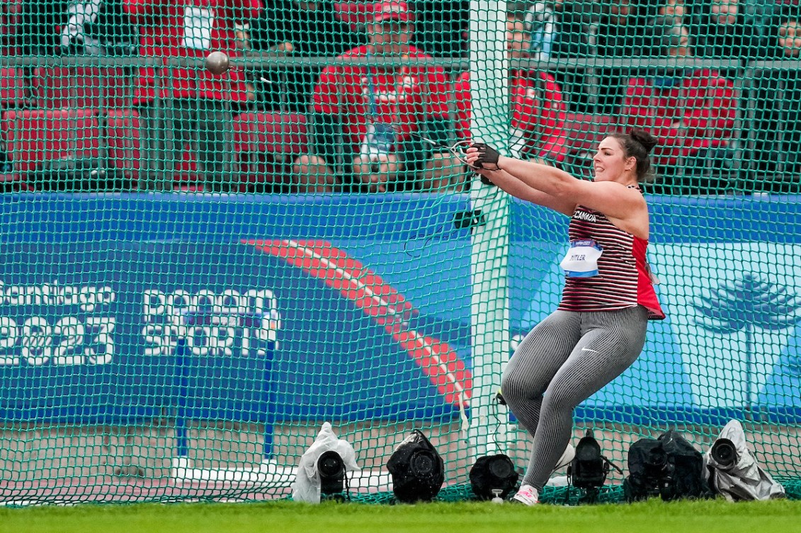 Team Canada thrower Kaila Butler spins as she throws hammer