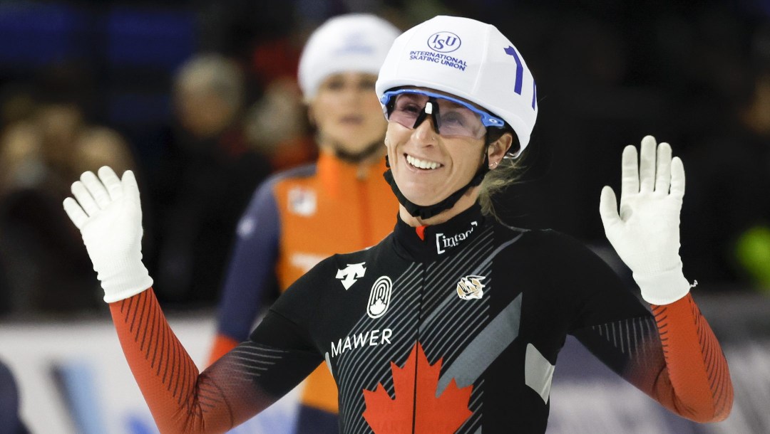 Ivanie Blondin of Canada celebrates her second place finish in the women's mass start competition at the ISU World Cup speed skating event in Calgary, Alta., Sunday, Dec. 18, 2022.THE CANADIAN PRESS/Jeff McIntosh