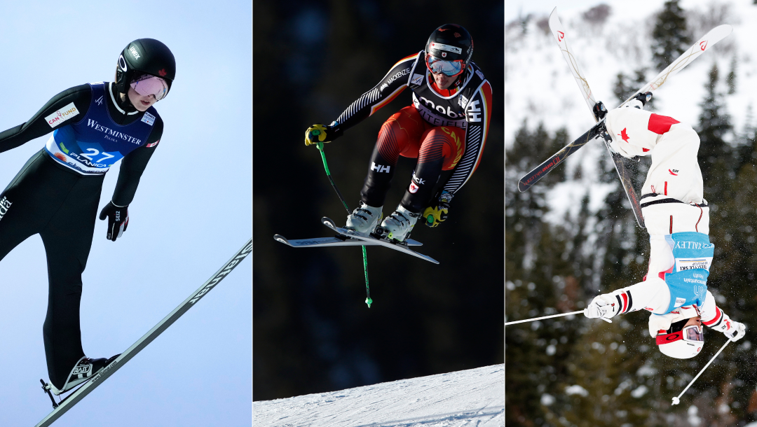 three-way split screen of skiers, all mid-air