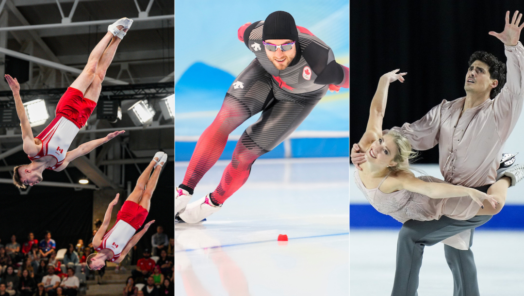 Three way split screen of two trampolinists, a speedskater and an ice dancing pair