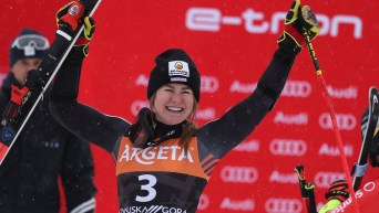 Team Canada's Valérie Grenier celebrates a win in Kranja Cora