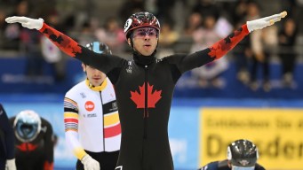 DRESDEN, GERMANY - FEBRUARY 10: William Dandjinou of Canada reacts after winning Men`s 1500m Final A race during the ISU World Cup Short Track at Joynextarena on February 10, 2024 in Dresden, Germany. (Photo by Christian Kaspar-Bartke - International Skating Union/International Skating Union via Getty Images)