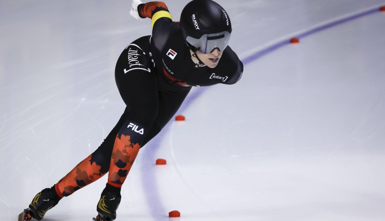 Canada's Ivanie Blondin skates during the women's team sprint event at the ISU World Speed Skating Championships in Calgary, Alta., Thursday, Feb. 15, 2024.THE CANADIAN PRESS/Jeff McIntosh