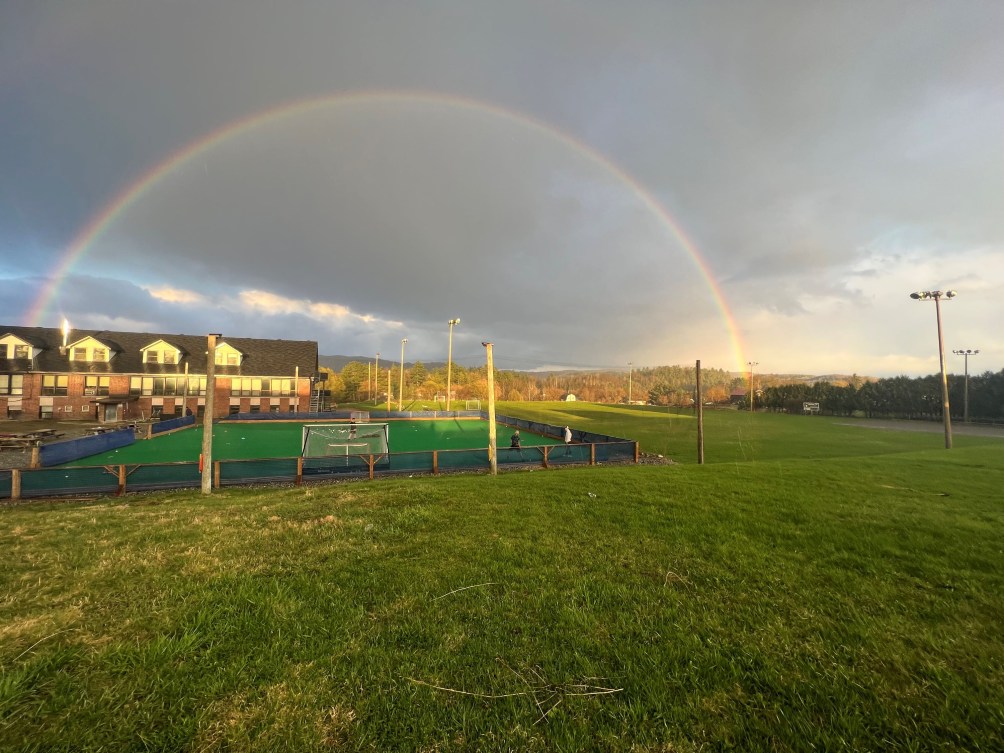 Field hockey pitch with a rainbow overhead 