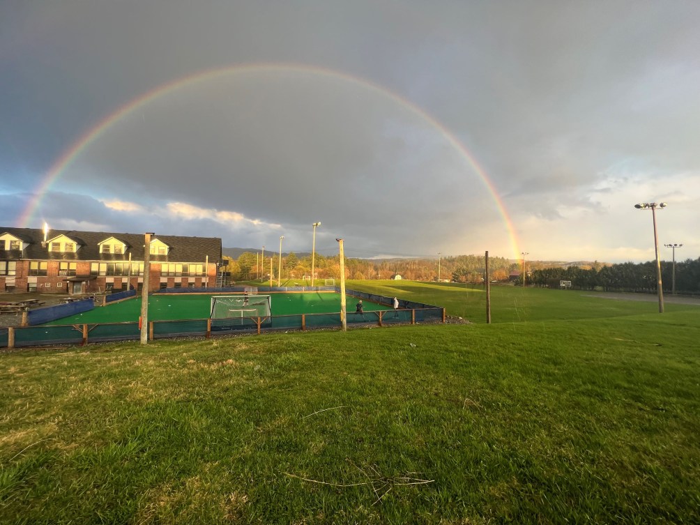 Field hockey pitch with a rainbow overhead