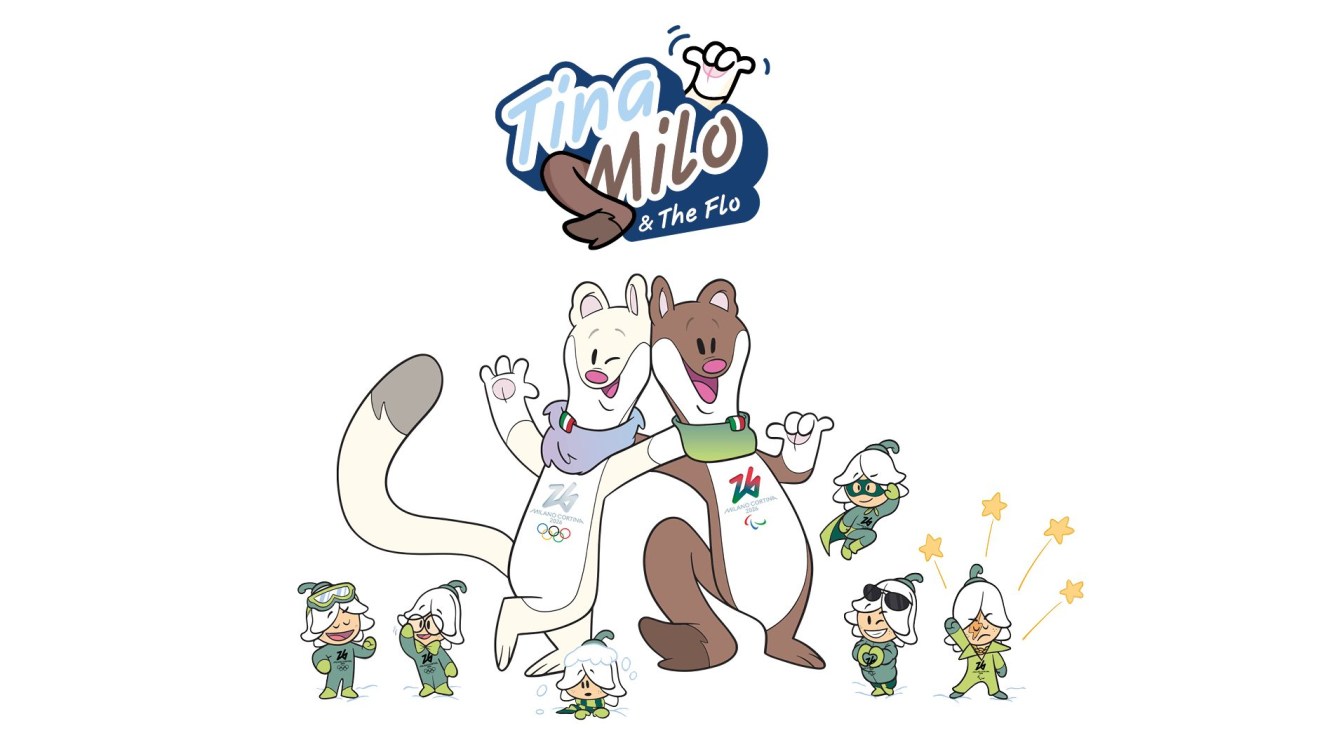 The mascots for Milano Cortina 2026--stoats Tina and Milo, plus their snowdrop flower friends, "The Flo"