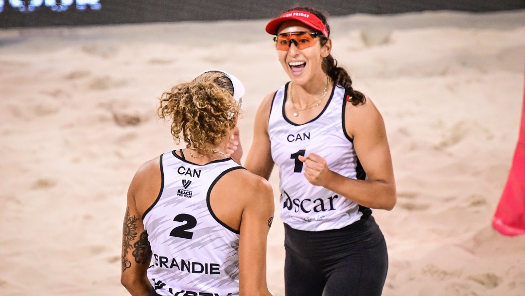 Melissa Humana-Paredes and Brandie Wilkerson compete in the season-opening Elite16 beach volleyball tournament in Doha. (Volleyball World)