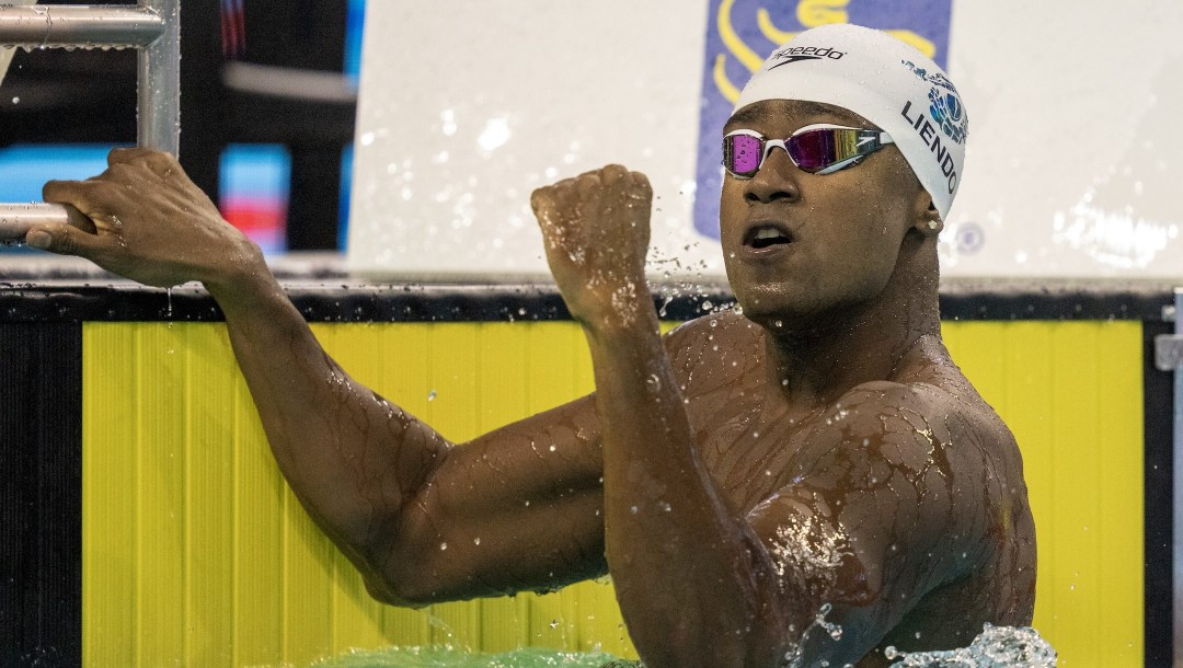 Joshua Liendo celebrates winning the men's 50m freestyle at the Canadian Olympic Swim Trials in Toronto on Saturday, May 18, 2024. THE CANADIAN PRESS/Frank Gunn
