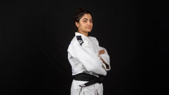 Judoka Nigara Shaheen stands with arms crossed
