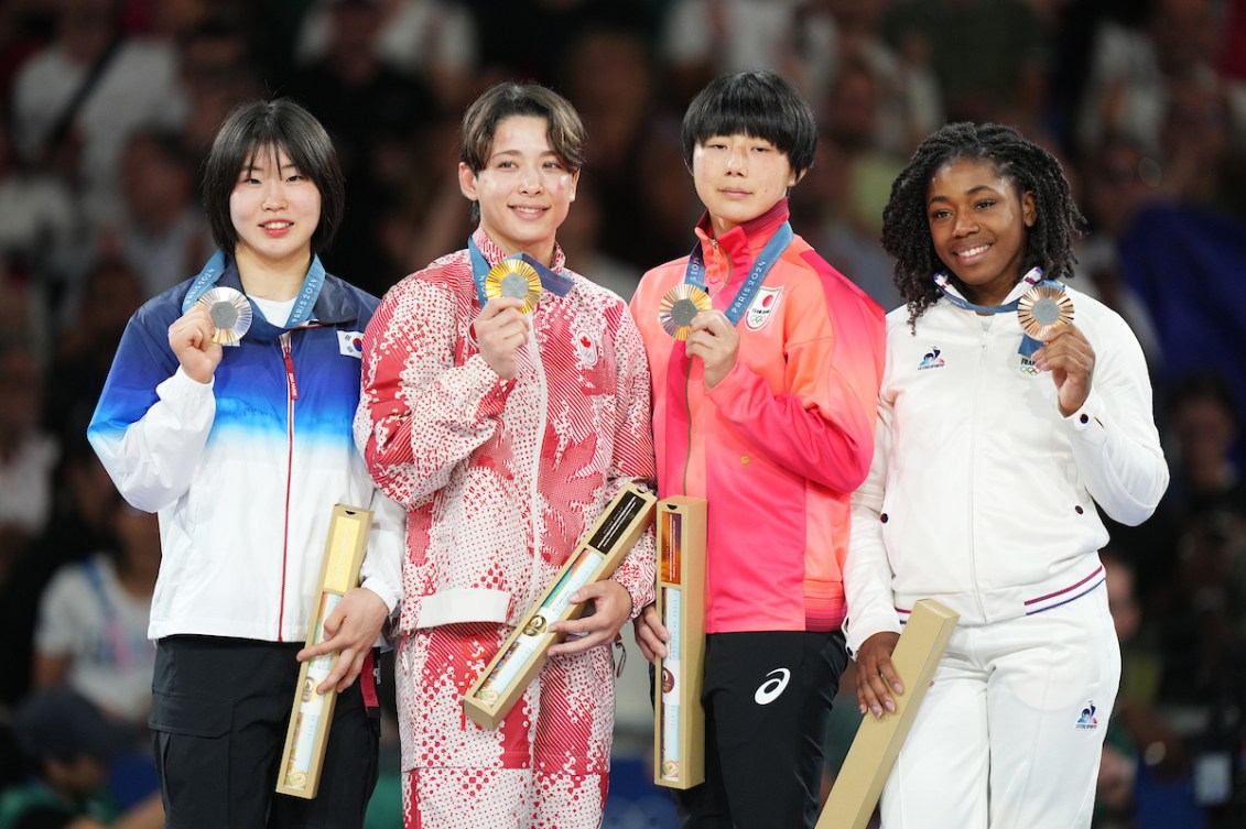 Canadian Christa Deguchi on Podium with other Judo Olympic medalists. Paris, July 29, 2024