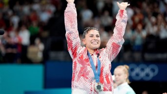 Sophiane Méthot celebrates her bronze medal in the women's trampoline event at the Paris 2024 Olympic Games, France, Friday, August 2, 2024.