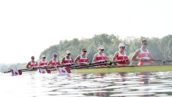 Team Canada women's eight rowers pull in unison at Paris 2024