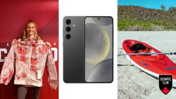 image split into three: on the left a woman holds a red and white jacket in front of a red background, in the middle is a samsung phone on a white bacgkround, on the right a red kayak on sand