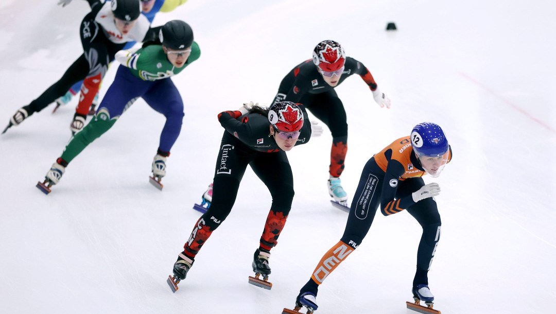 Courtney Sarault of Canada, Michelle Velzeboer of the Netherlands and Danae Blais of Canada compete in the quarterfinals of the women's 1500m during day one of the Odido Cup #5 Tilburg during the ISU World Short Track Speed ​​Skating Tour at IJssportcentrum on February 07, 2025 in Tilburg, Netherlands.
