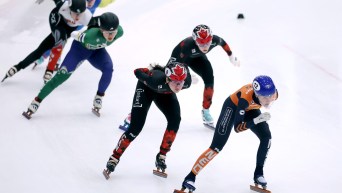 Courtney Sarault of Canada, Michelle Velzeboer of the Netherlands and Danae Blais of Canada compete in the quarterfinals of the women's 1500m during day one of the Odido Cup #5 Tilburg during the ISU World Short Track Speed ​​Skating Tour at IJssportcentrum on February 07, 2025 in Tilburg, Netherlands.