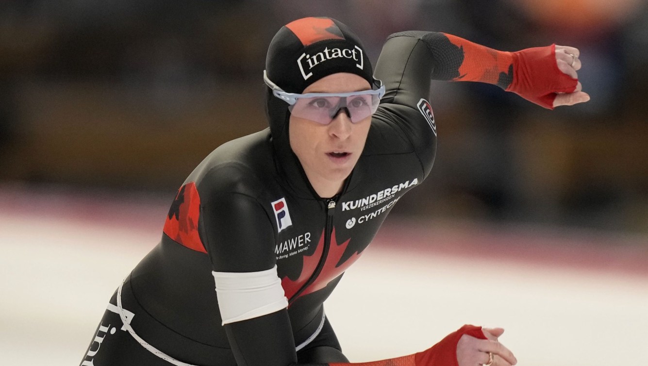 Ivanie Blondin of Canada starts the women's 3000-meter allround event at the ISU World Championships in Inzell Germany, Saturday, March 9, 2024. (AP Photo/Matthias Schrader)