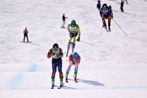 Four ski cross racers cross the finish line