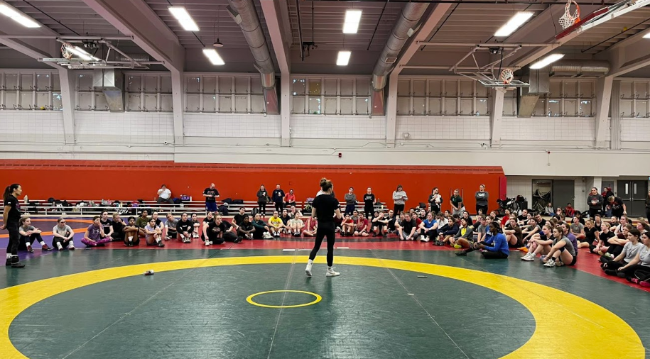 Wrestling coach instructs a group