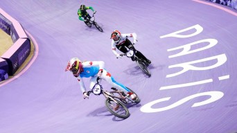 Molly Simpson races on the purple BMX track at Paris 2024