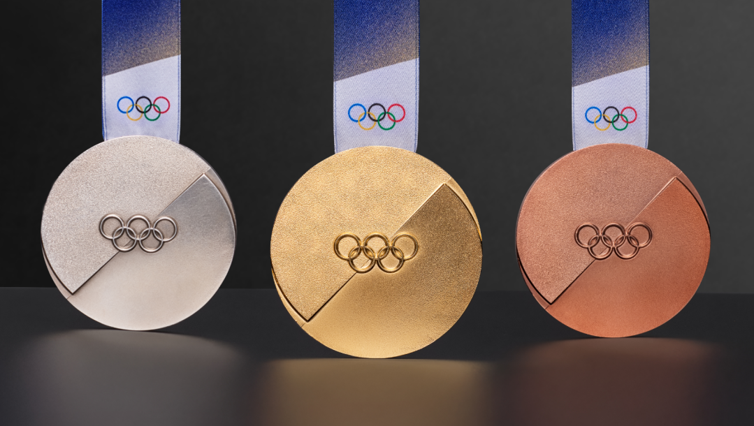 Renderings of the Milano Cortina 2026 silver, gold, and bronze medals