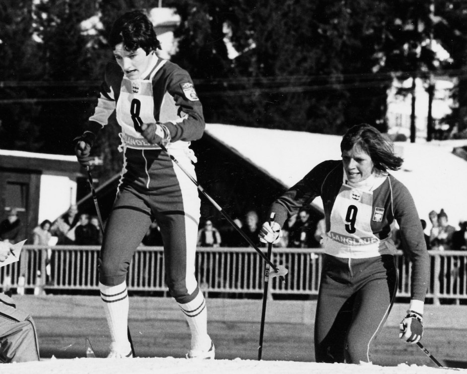 Canada's Esther Miller (left) competing in the cross country ski event at the 1976 Innsbruck winter Olympics . 