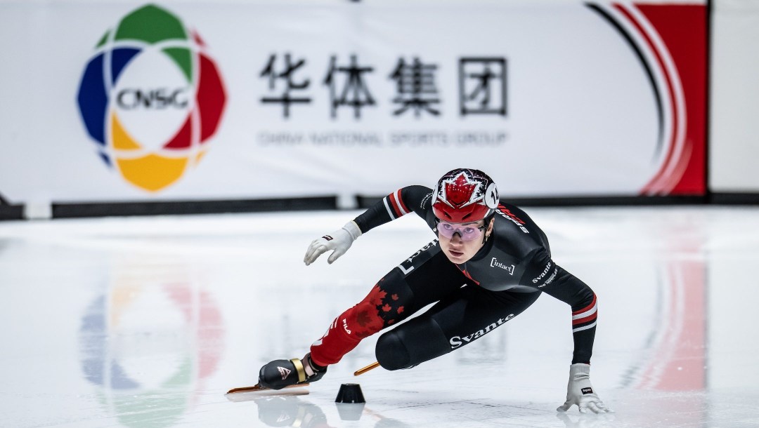 DORDRECHT, NETHERLANDS - NOVEMBER 28: Courtney Sarault of Canada competes during the ISU Short Track World Tour - Dordrecht at Optisport Sportboulevard on November 28, 2025 in Dordrecht, Netherlands. (Photo by Christian Kaspar-Bartke - International Skating Union/International Skating Union via Getty Images)