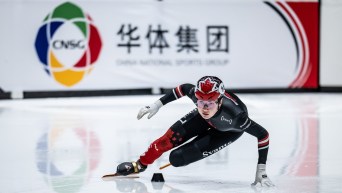 DORDRECHT, NETHERLANDS - NOVEMBER 28: Courtney Sarault of Canada competes during the ISU Short Track World Tour - Dordrecht at Optisport Sportboulevard on November 28, 2025 in Dordrecht, Netherlands. (Photo by Christian Kaspar-Bartke - International Skating Union/International Skating Union via Getty Images)