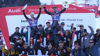 Jack Crawford and Cameron Alexander celebrate after podium finishes at Kitzbuehel.