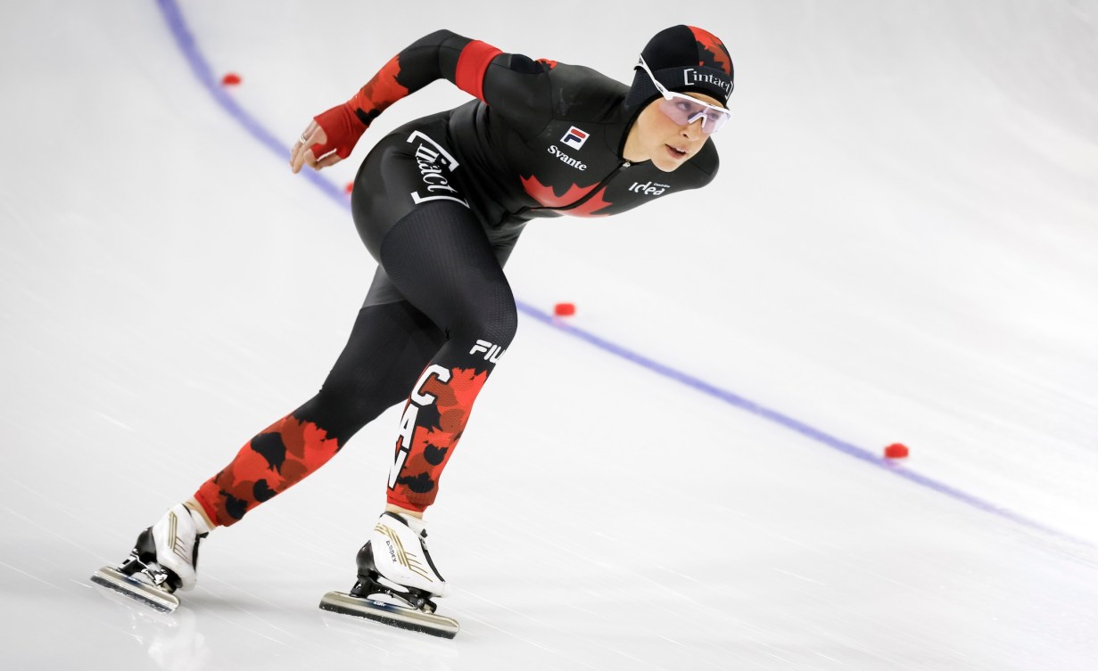 Canada's Valerie Maltais skates during the women's 3000-metre competition during ISU World Cup speed skating in Calgary, Alta., Friday, Nov. 21, 2025.THE CANADIAN PRESS/Jeff McIntosh