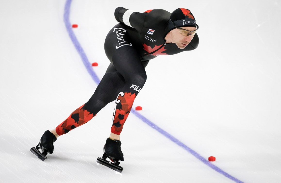 Canada's Ted-Jan Bloemen skates during the men's 5000-metre competition during ISU World Cup speed skating in Calgary, Alta., Friday, Nov. 21, 2025. THE CANADIAN PRESS/Jeff McIntosh