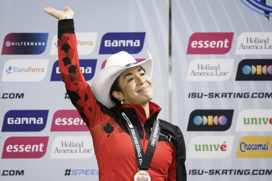 Canada's Valerie Maltais celebrates her third place finish on the podium following the women's 3000-metre competition during ISU World Cup speed skating in Calgary, Alta., Friday, Nov. 21, 2025.THE CANADIAN PRESS/Jeff McIntosh