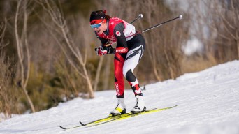 A cross-country skier glides downhill