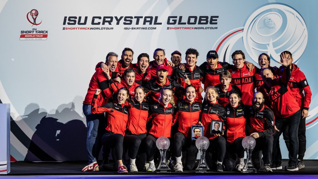 DORDRECHT, NETHERLANDS - NOVEMBER 30: Team Canada celebrates winning the Crystal Globe Team trophy during the ISU Short Track World Tour - Dordrecht at Optisport Sportboulevard on November 30, 2025 in Dordrecht, Netherlands. (Photo by Christian Kaspar-Bartke - International Skating Union/International Skating Union via Getty Images)