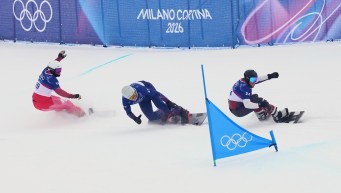 Evan Bichon competes in snowboard cross.