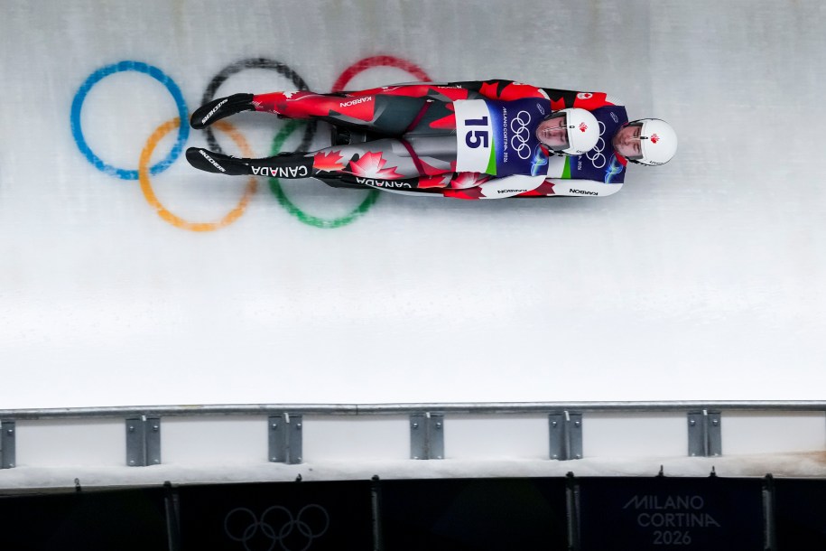 Team Canada’s Devin Wardrope and Cole Zajanski compete in Luge Men's Doubles Run 1