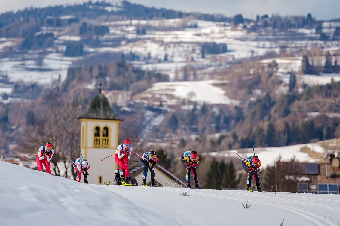 Racers including Alison Mackie of Canada compete in the women's 10km cross-country ski race
