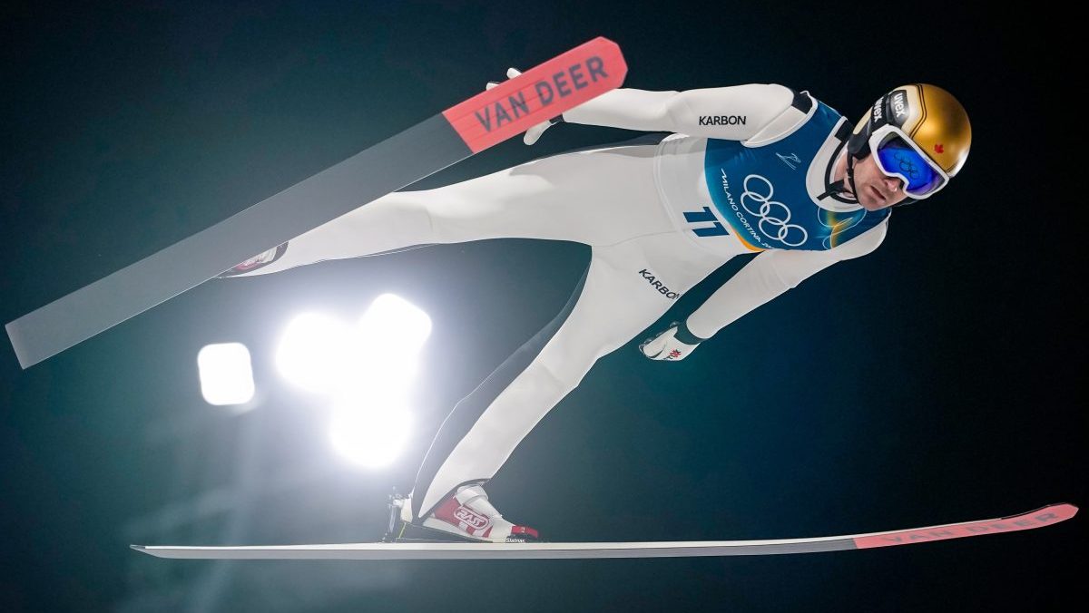 Olympic rings are reflected on the goggles of Mackenzie Boyd-Clowes, as he soars through the air.