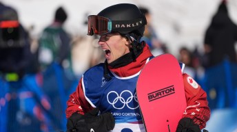 Canada's Mark McMorris reacts during the men's snowboarding slopestyle qualifications