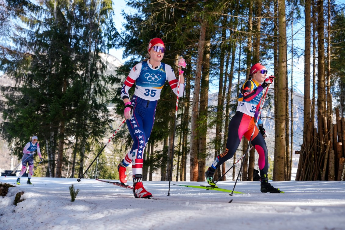 Jasmine Drolet competes during the cross country skiing 50km mass start classic.