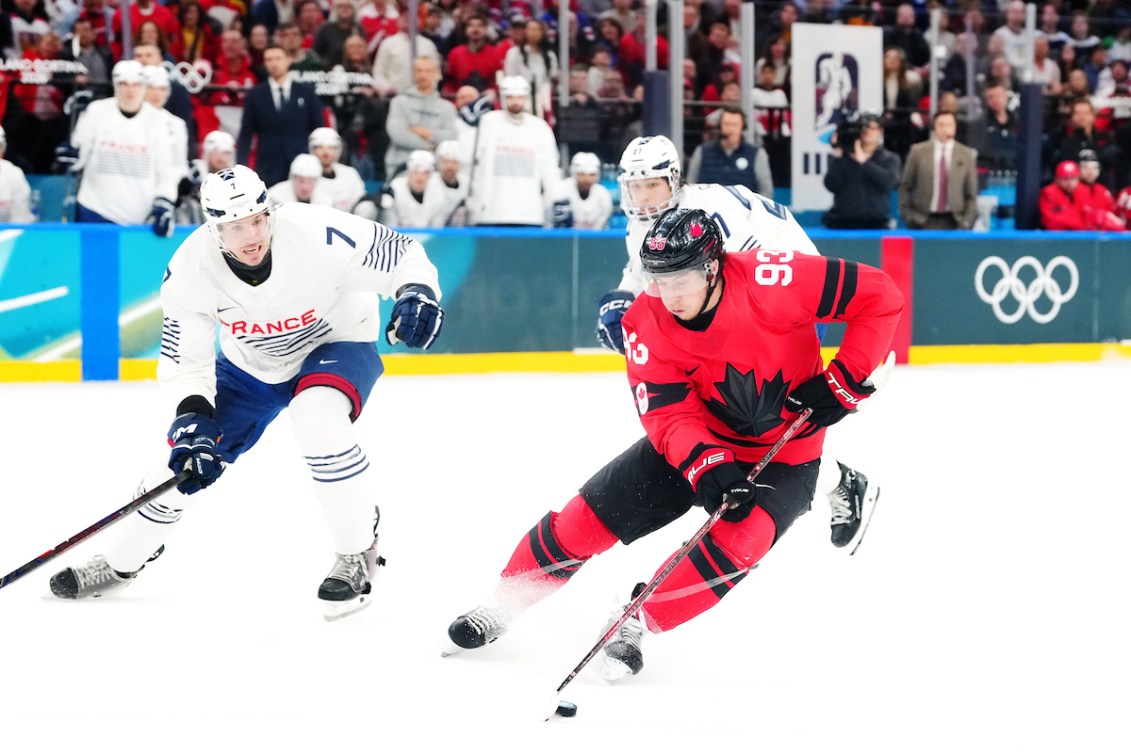 Mitch Marner with the puck on his stick