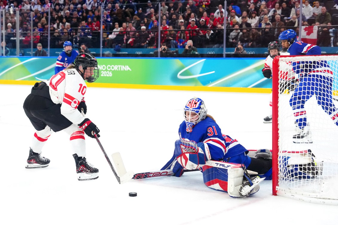 Sarah Fillier tries to score on goaltender Aerin Frankel