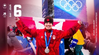 Team Canada’s Mikaël Kingsbury celebrates after winning a silver medal in freestyle ski moguls at the Milano Cortina 2026 Olympic Winter Games.