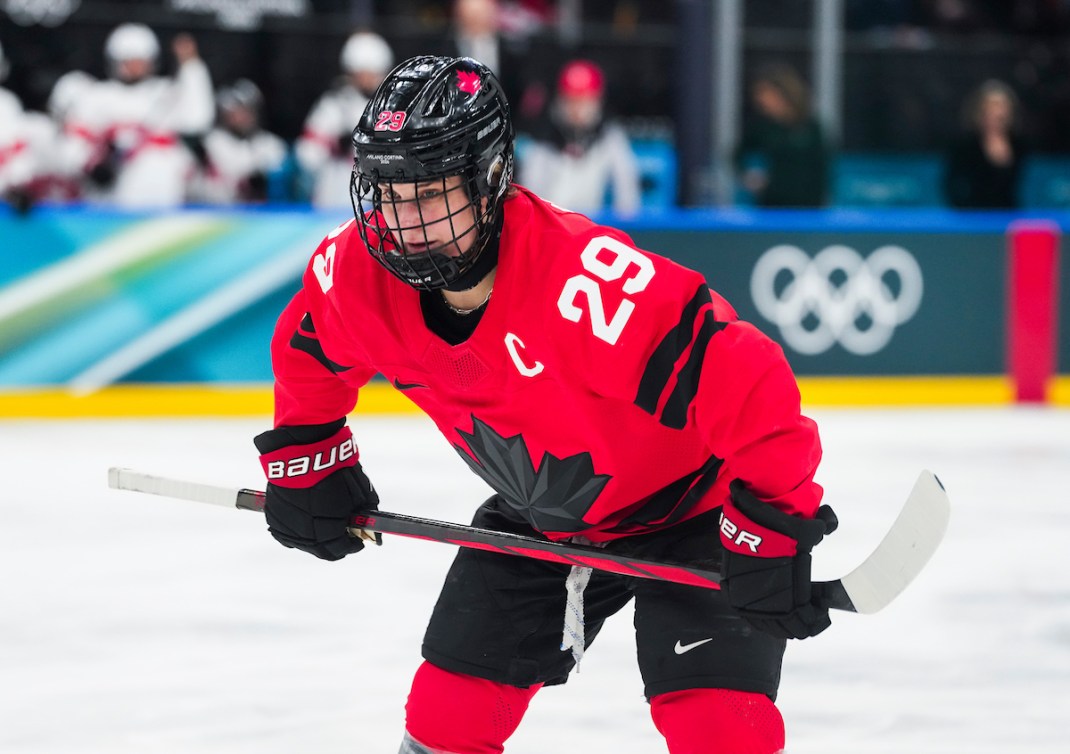 Marie-Philip Poulin waits on a face off