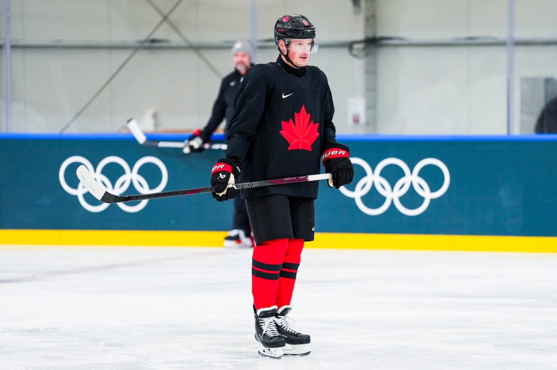 Team Canada’s Cale Makar skates in a practice