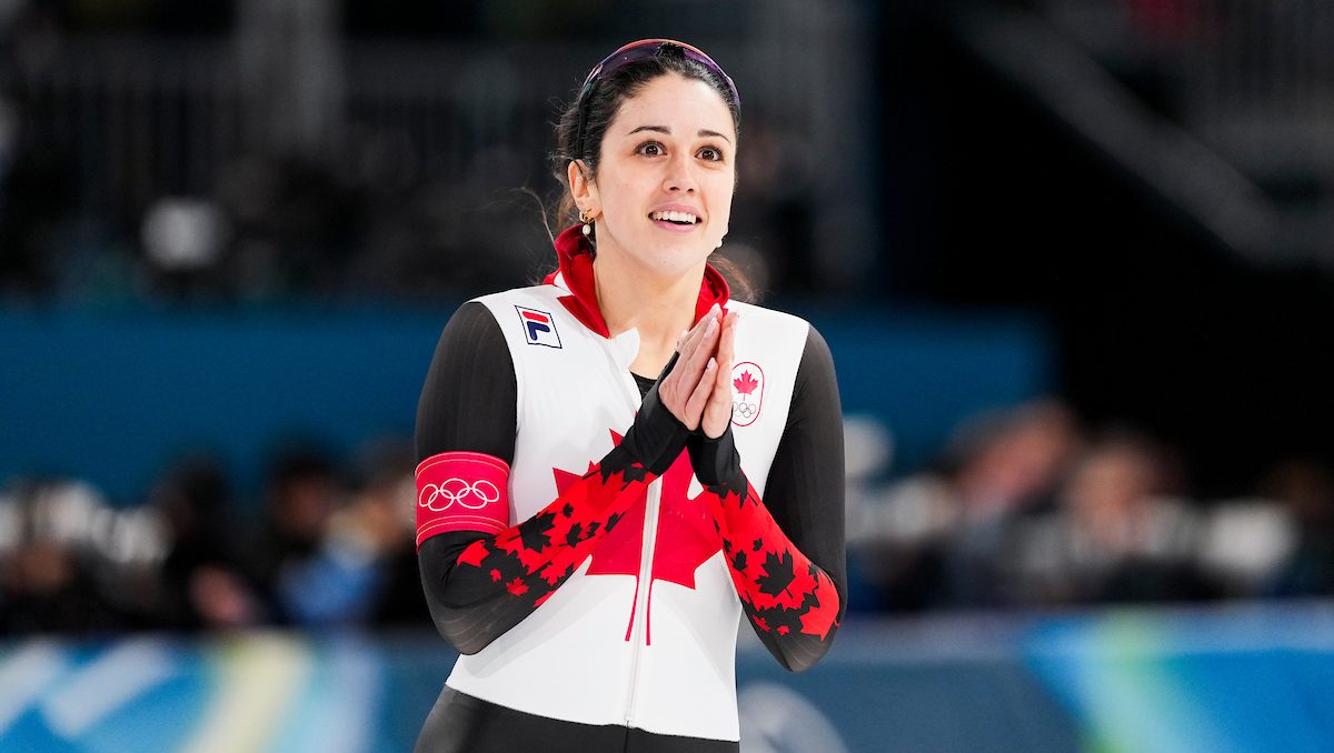 Beatrice Lamarche reacts after she competes in women’s 1000m speed skating finals