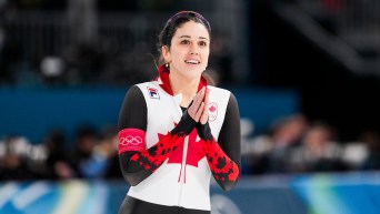 Beatrice Lamarche reacts after she competes in women’s 1000m speed skating finals