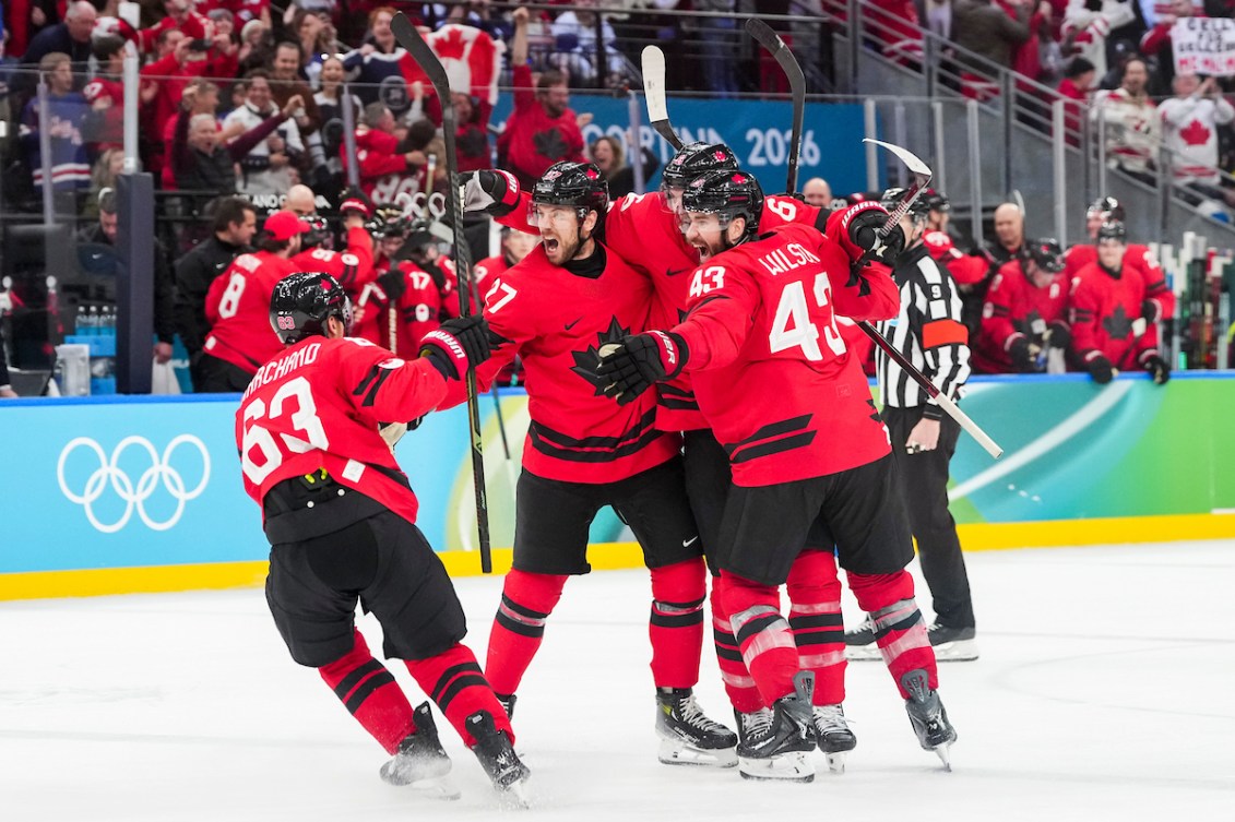 Shea Theodore celebrates scoring the game tying goal