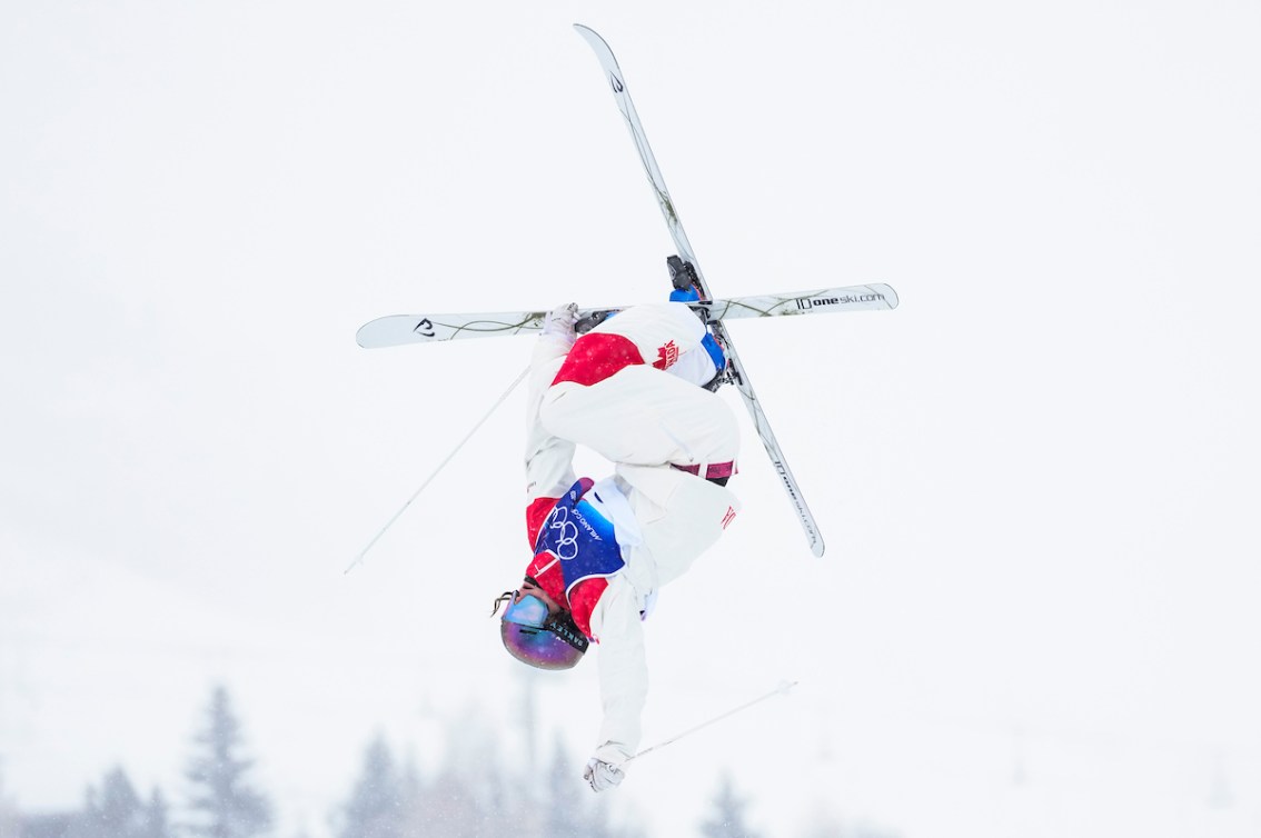 Maia Schwinghammer does a flip in the dual moguls event
