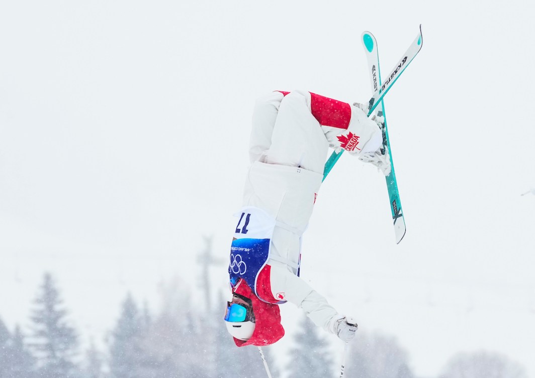 Laurianne Desmarais-Gilbert does a flip in the dual moguls event